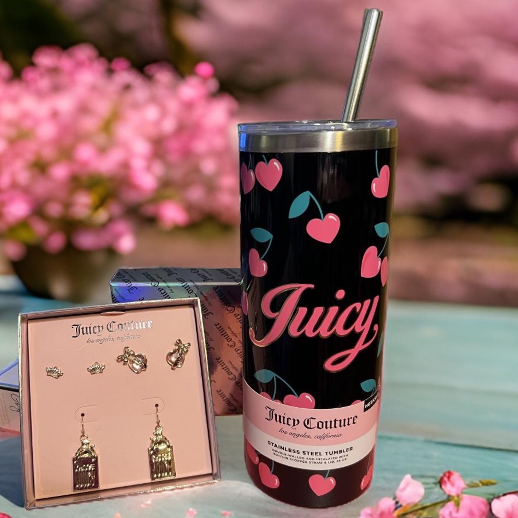Juicy Couture Nwt Juicy Cherry Heart Tumbler  Juicy Gold Rhinestone Earrings